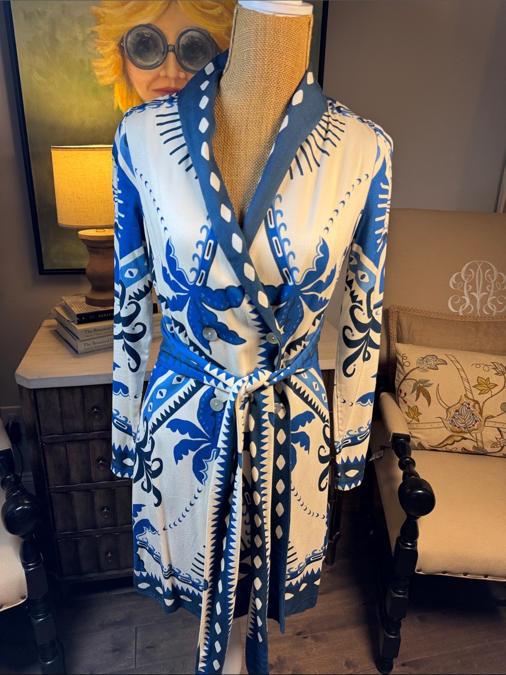 Anthropologie Blue and White Printed Wrap Blazer with Belt xxs
